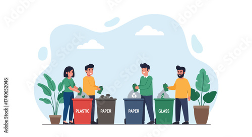 Adobe illustrator artwork vector illustration: People sorting waste into recycling bins for plastic, paper, and glass, promoting environmental conservation and sustainability