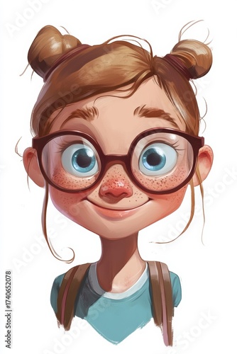 A cartoon girl with brown hair in buns, wearing glasses and a blue shirt, is smiling. AI.