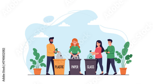 Adobe illustrator artwork vector illustration: People sorting waste into recycling bins for plastic, paper, and glass, promoting environmental conservation and sustainability