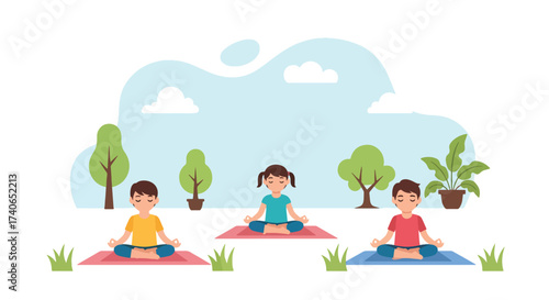Adobe illustrator artwork vector illustration: Calm children meditating in lotus pose outdoors, promoting mindfulness, peace, and mental well-being for young individuals