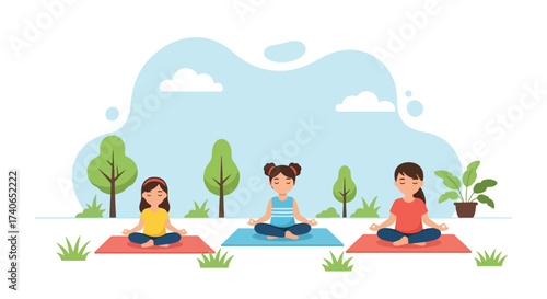 Adobe illustrator artwork vector illustration: Calm children meditating in lotus pose outdoors, promoting mindfulness, peace, and mental well-being for young individuals