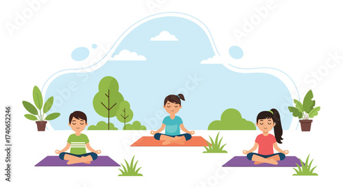 Adobe illustrator artwork vector illustration: Calm children meditating in lotus pose outdoors, promoting mindfulness, peace, and mental well-being for young individuals