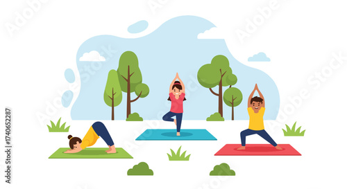 Adobe illustrator artwork vector illustration: Calm children meditating in lotus pose outdoors, promoting mindfulness, peace, and mental well-being for young individuals