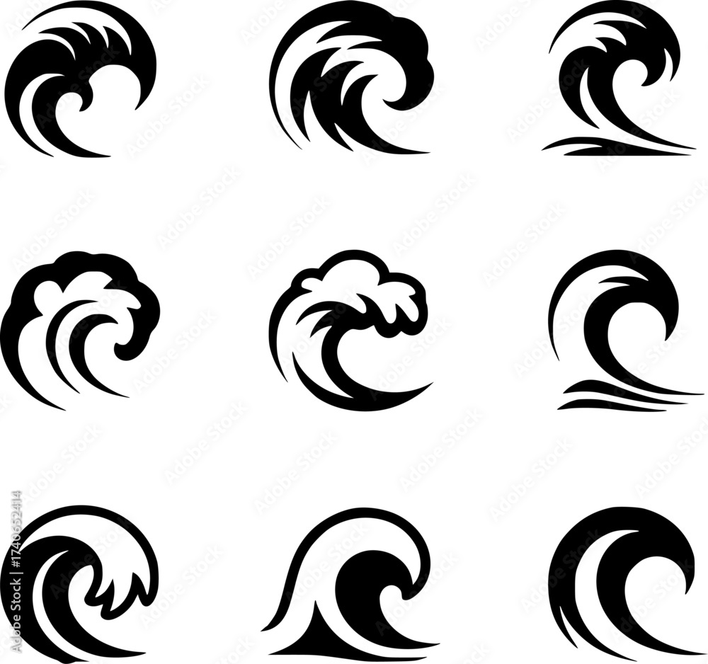 Fototapeta premium Collection of Nine Stylized Black Wave Icons on White Background