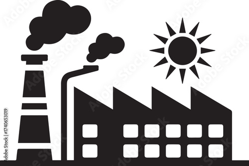 Industrial factory silhouette with smoke and oil rig