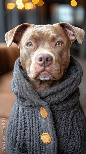 Dog with brown fur wearing a gray knitted sweater with two buttons, looking at the camera. AI.