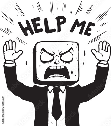 Cartoon character vector illustration with distressed expression and bold “HELP ME” text design