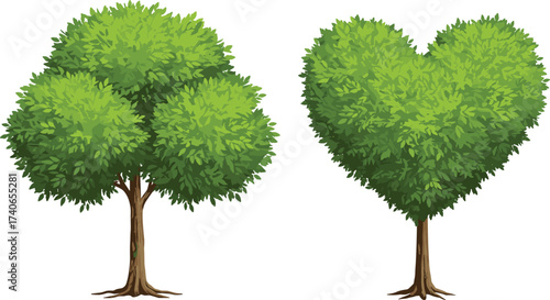 Heart shaped tree, green foliage, nature love symbol, romantic landscape, eco friendly design, creative environment, natural beauty, artistic illustration, roots