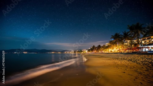 Nighttime beach scene with ocean waves and palm trees under a starry sky
