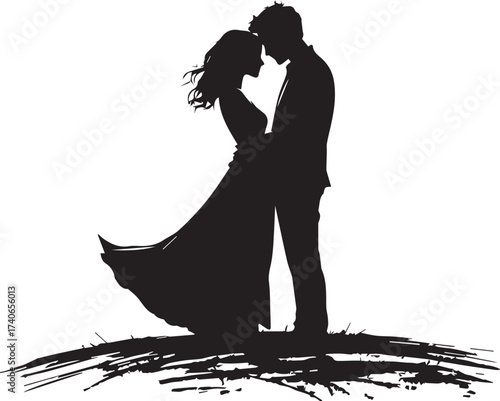 Black and white vector silhouette of couple standing closely together in romantic intimate pose