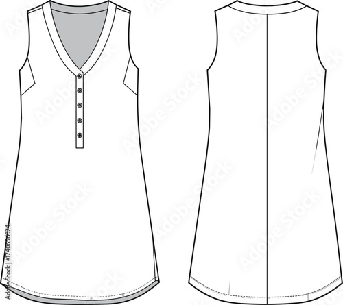 Flat vector illustration of women's sleeveless button front tunic top, technical fashion CAD drawing, front and back view included