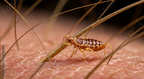 Extreme close-up of a human head louse, a parasitic insect, clinging to a strand of hair on the skin, illustrating a pediculosis infestation