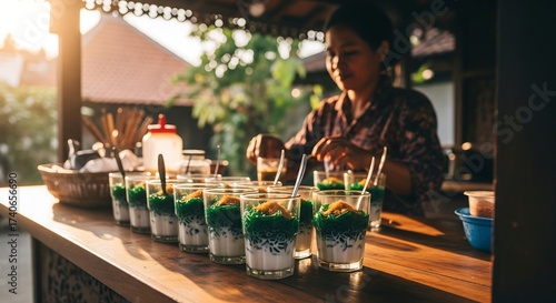 Fototapeta Naklejka Na Ścianę i Meble -  Indonesian Woman Preparing Traditional Sweet Es Cendol Drinks with Coconut Milk and Palm Sugar at Outdoor Stall in Warm Afternoon Light