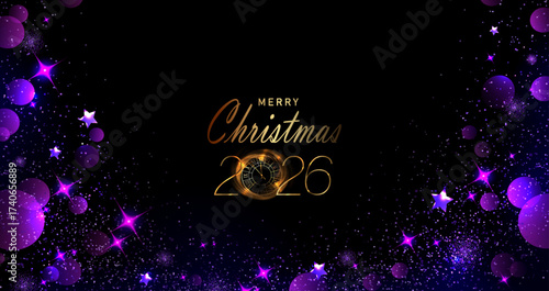 Merry Christmas. Isolated purple background with tinsel and stars.