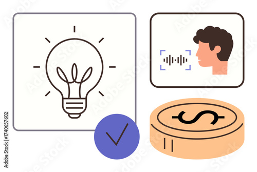Light bulb for idea, face with soundwave for voice recognition, checkmark for verified decision, and coin for financial growth. Ideal for innovation, AI, technology, authentication, financial