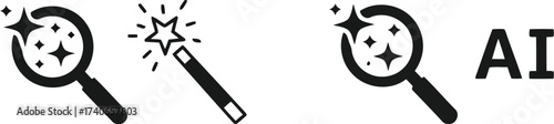 Magnifying glass and magic wand with ai set