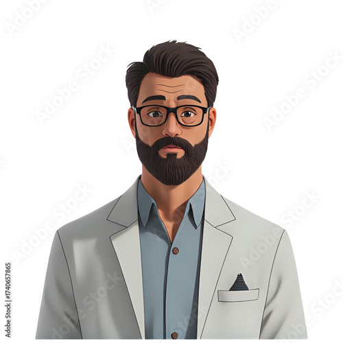 Illustration of a bearded man wearing glasses and a gray suit coat on transparent background