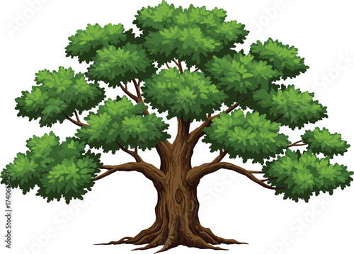 Large healthy tree with green leaves, thick trunk, spreading roots, natural forest background, environmental concept, nature growth, botanical illustration, ecology