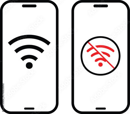 WIFI with  smart phone icon. no wifi signal connection error smart phone icon. Disconnect wifi icon set. Lost wireless fidelity connection, no Wi-Fi connection sign symbol. No wifi forbidden sign.
