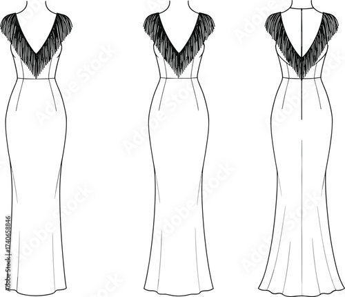 Fringe detail evening gown, fashion flat sketch dress, V-neck slim fit, technical drawing, vector illustration, fashion CAD, garment design