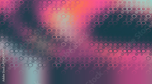 Geometric Hexagonal Pattern with Gradient Hues and Abstract Leaf Design Overlay Texture