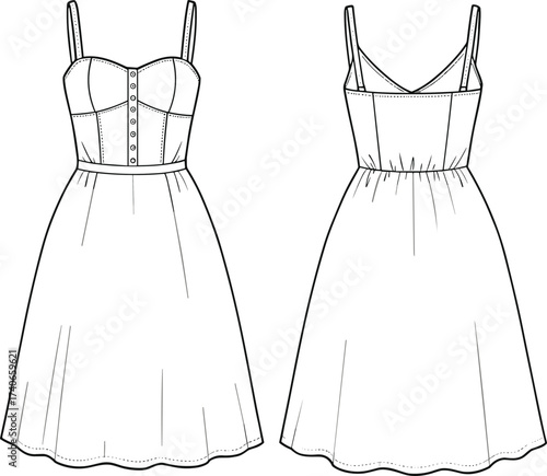 Front and back CAD sketch of sleeveless summer dress with fitted bodice, button front detail, flared hem, fashion flat drawing