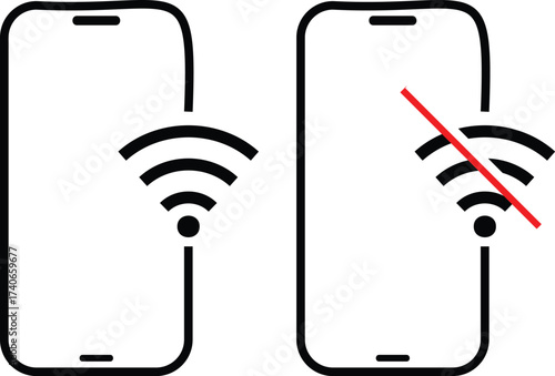 WIFI with  smart phone icon. no wifi signal connection error smart phone icon. Disconnect wifi icon set. Lost wireless fidelity connection, no Wi-Fi connection sign symbol. No wifi forbidden sign.
