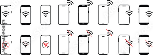 WIFI with  smart phone icon. no wifi signal connection error smart phone icon. Disconnect wifi icon set. Lost wireless fidelity connection, no Wi-Fi connection sign symbol. No wifi forbidden sign.
