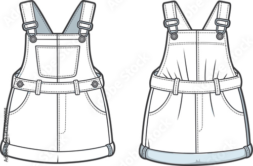 Front and back view of kids denim dungaree skirt, cad fashion sketch, flat vector template, technical clothing drawing, editable design