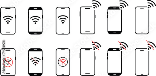 WIFI with  smart phone icon. no wifi signal connection error smart phone icon. Disconnect wifi icon set. Lost wireless fidelity connection, no Wi-Fi connection sign symbol. No wifi forbidden sign.
