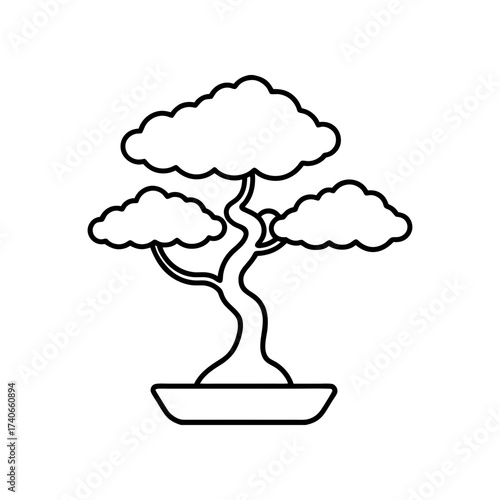 Outline drawing of a bonsai tree on transparent background