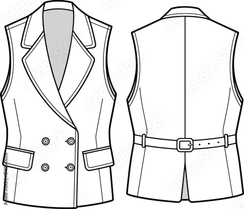 Formal sleeveless vest technical flat, tailored fashion cad sketch for apparel, vector clothing blueprint, design illustration for designers
