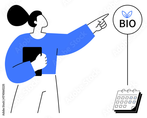 Woman holding tablet and pointing at BIO label surrounded by a leaf icon while a calendar signifies planning. Ideal for sustainability, eco-consciousness, planning, education, branding, strategy