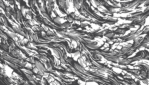 A bold, monochrome abstract pattern of swirling lines and jagged shapes. Great as a background or texture for graphic designs, art prints, or editorial layouts seeking drama and movement.