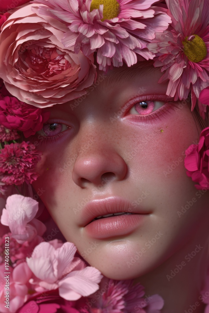 Naklejka premium Portrait of a Woman Among Flowers: A Close-Up of Beauty and Nature's Pink Blossoms, Captivating Emotions with Soft Light and Surreal Aesthetics for a Tranquil, Artistic Photography Experience