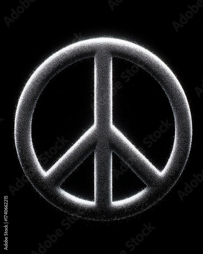 A striking peace symbol illuminated against a black background, representing harmony, non-violence, and unity across cultures. Ideal for themes of activism and social causes.