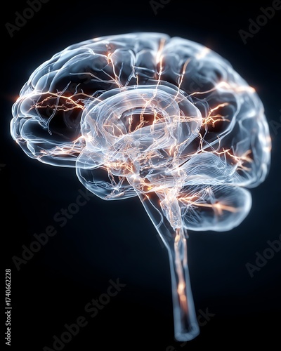 A stunning 3D rendering of a human brain, showcasing intricate neural connections and electric impulses