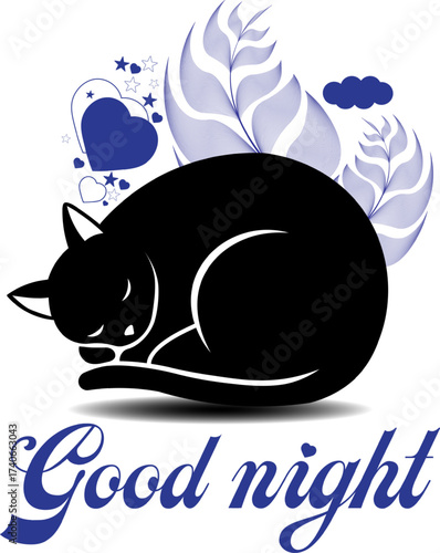 Good night vector typographic greeting card. good night typography with cute sleeping cat silhouette for sweet dream