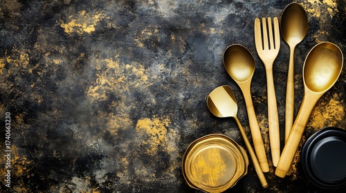 Elegant golden cutlery and dishware on a dark textured background, showcasing kitchenware aesthetic.