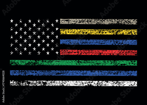 First Responder American Flag With Awareness Colors In Stars And Stripes. corrections, dispatchers, firefighters, emergency medical services, law enforcement, and military.	
