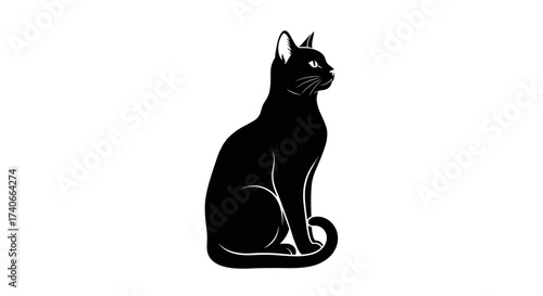Elegant Black Cat Silhouette: A sleek black cat, in graceful silhouette, sits poised, exuding an air of refined composure.
