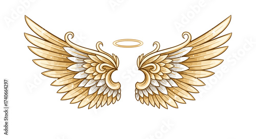 Wings of Grace: A delicate pair of golden angel wings, a symbol of divinity, freedom, and hope, beautifully rendered, evoke a sense of peace and protection.
