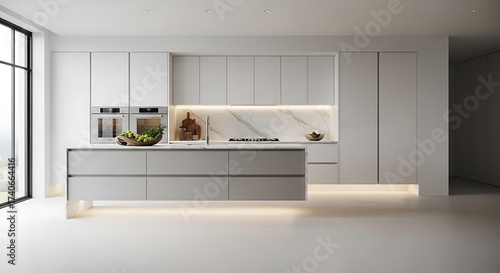 Elegant contemporary kitchen interior showcasing minimalist white and gray cabinetry with a sleek island and integrated appliances, reflecting sophisticated modern design in a bright, luxurious home
