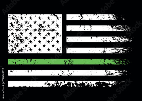 American Distressed Flag With Thin Green Line. It is a symbol of supporting for federal law enforcement agents.