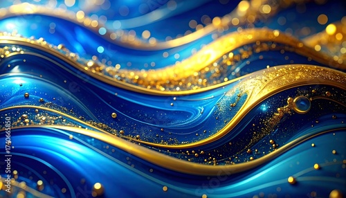 Glistening blue and gold abstract liquid waves