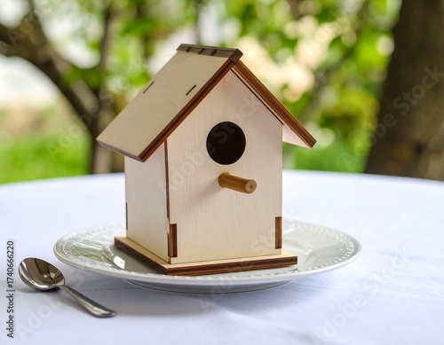 Small wooden birdhouse on a plate outdoors