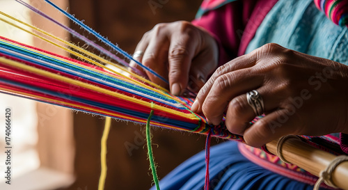 Hands expertly weave vibrant threads creating traditional textiles, a cultural heritage of artistry and skill, showcasing colorful craftsmanship and tradition