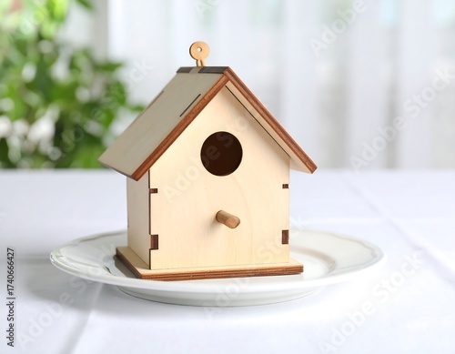 Small wooden birdhouse on a plate