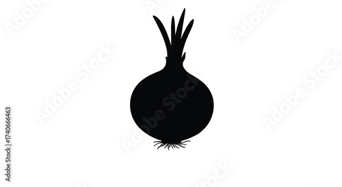 Simple black silhouette of an onion with green stem and roots shown