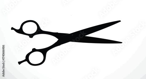 A black silhouette of open hairdressing scissors on a white background